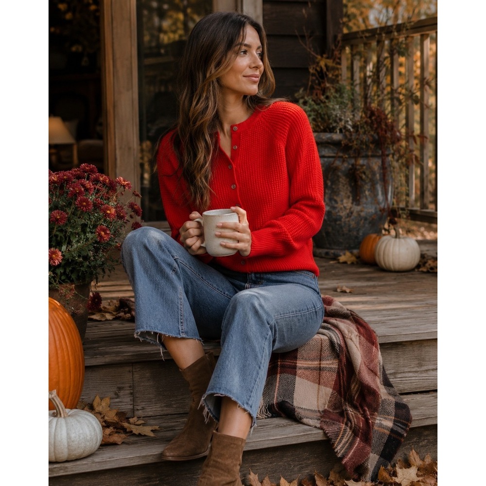 J. Crew Factory Bright Red Waffle-Knit Button Crew Sweater